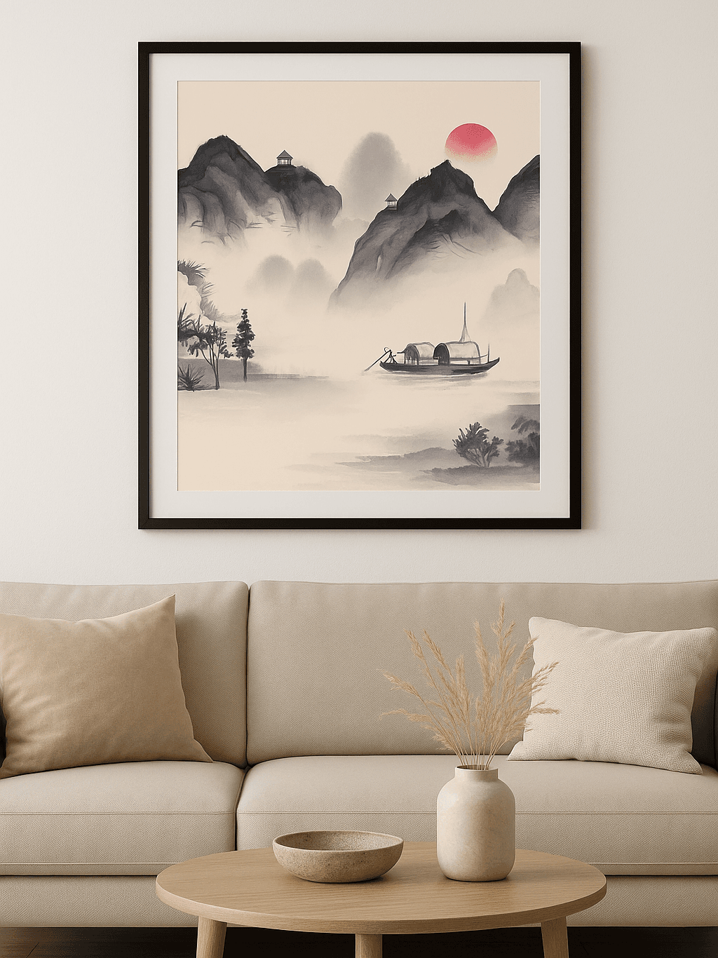 Tranh sơn thủy “Về qua dòng sông mờ sương”