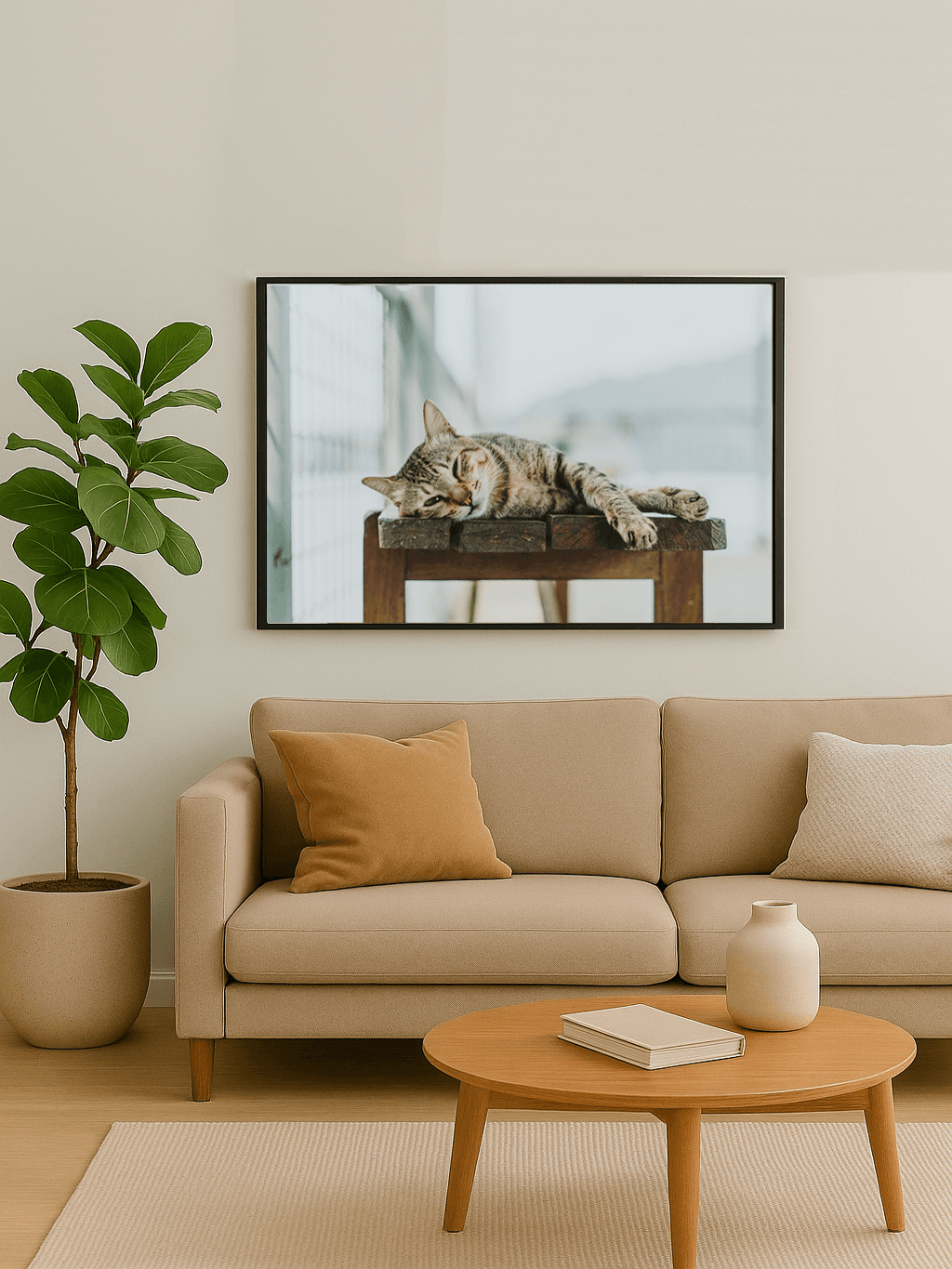 Tranh mèo mướp ngủ trên ghế – tranh chụp thật cho người yêu thú cưng
